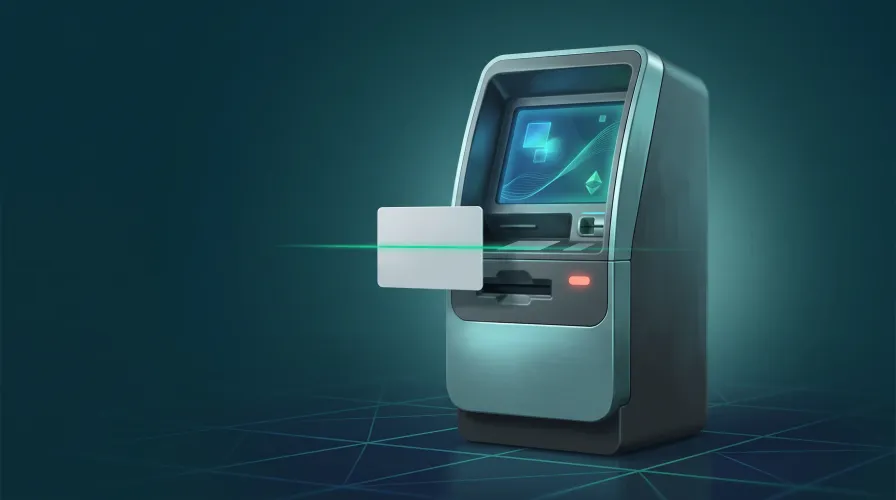 Crypto ATM with a blank ID card in front of the reader and a green scanning beam, illustration of the mandatory ID check under Royal Decree 813/2026