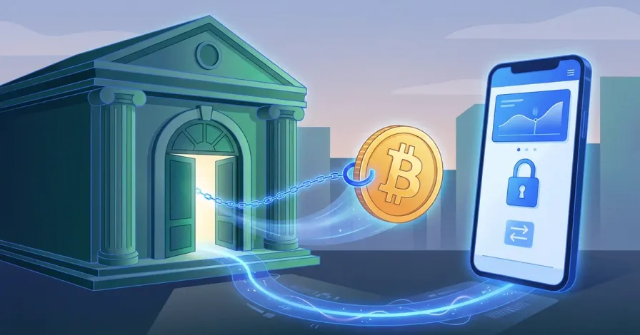 Ilustración de comprar bitcoin en el banco: una moneda de bitcoin sale de la fachada de un banco clásico hacia la app de un móvil