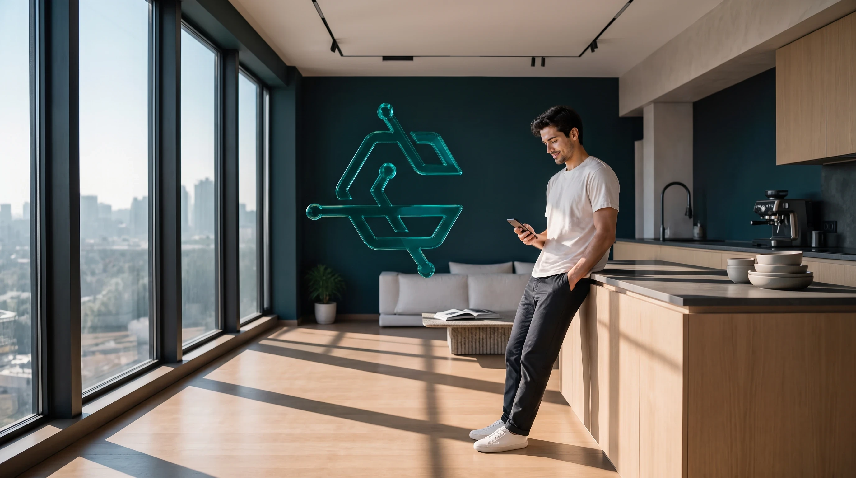 Hombre revisando su declaración de criptomonedas desde el móvil junto al logo de CryptoImpuestos en vidrio turquesa