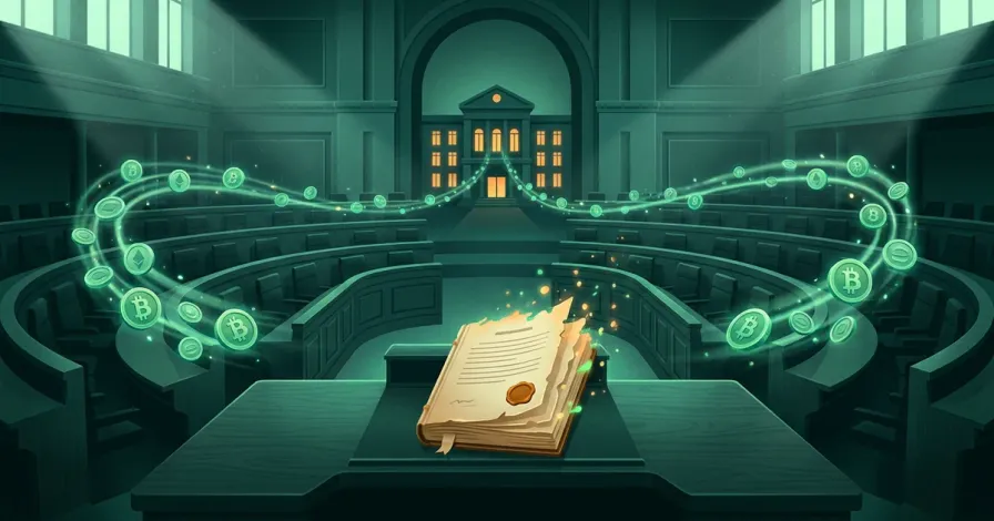 Ilustración del embargo de criptomonedas en pausa: un proyecto de ley se queda sobre la mesa de un parlamento vacío mientras las monedas siguen circulando