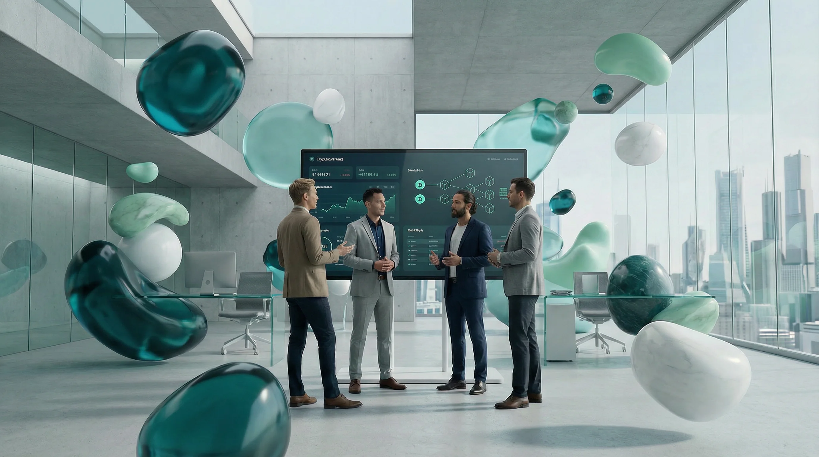 Equipo profesional de CryptoImpuestos en entorno de oficina moderna con elementos 3D abstractos