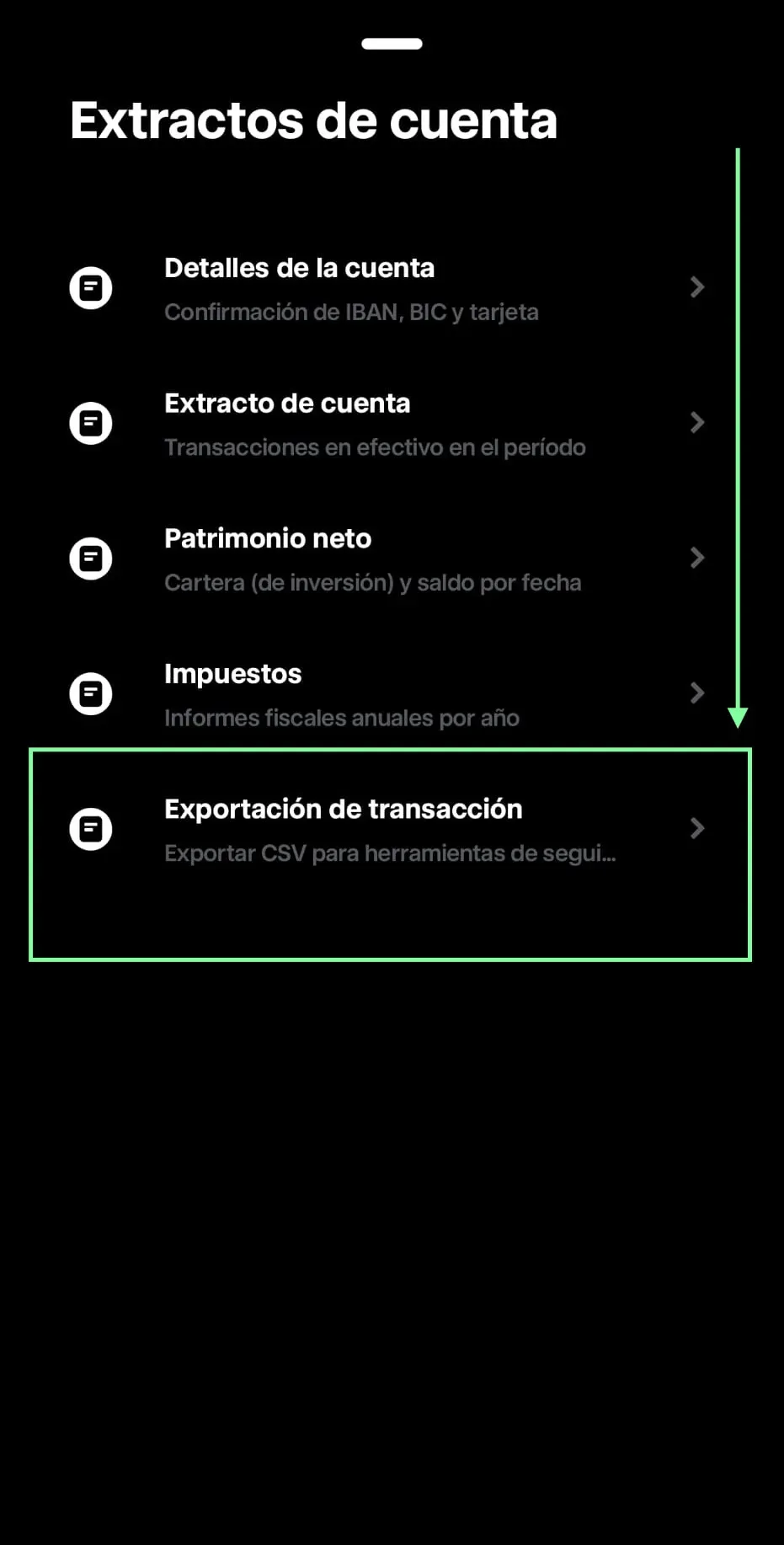 Paso 3: Pantalla de Extractos de cuenta en Trade Republic con la opción Exportación de transacción