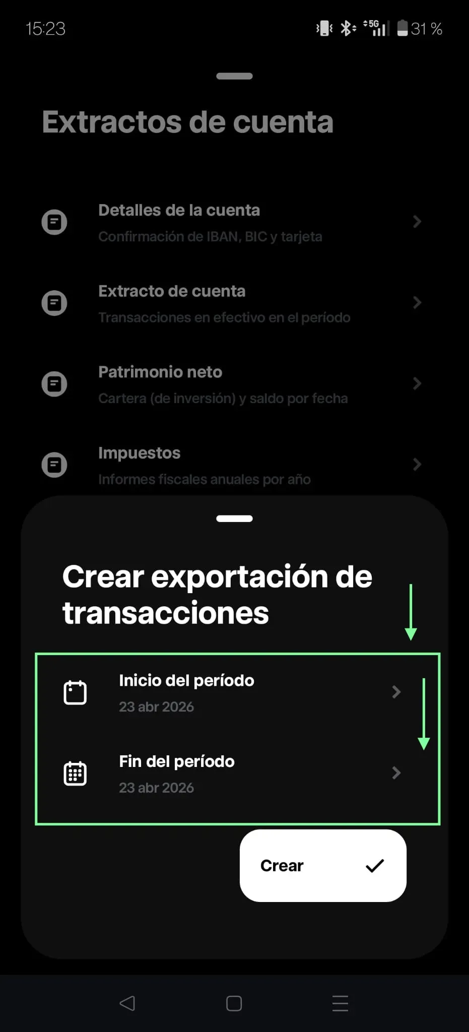 Paso 4: Pantalla de creación de exportación de transacciones con selector de fecha de inicio y fin del período