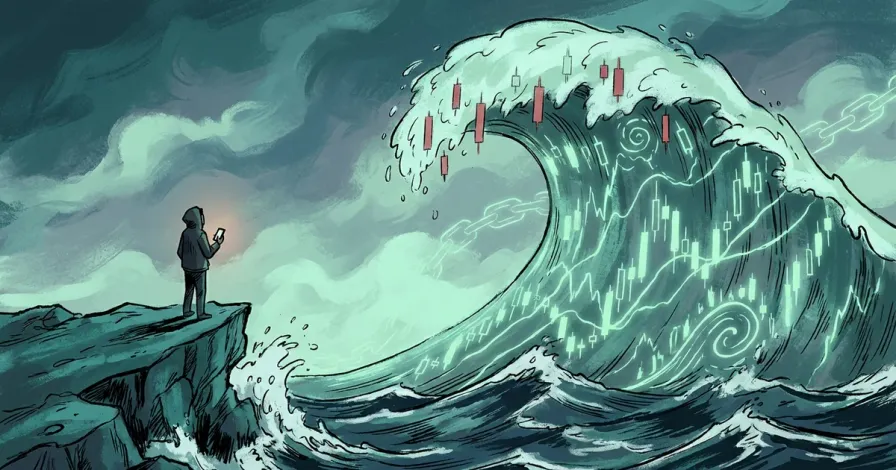 Ilustración de un joven con el móvil en la mano al borde de un acantilado, frente a una ola gigante hecha de velas de trading verdes y rojas a punto de romper, metáfora del auge de Hyperliquid