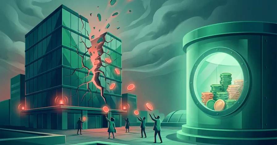 Illustrazione del fallimento di un exchange cripto: un edificio crepato da cui i clienti cercano di tirare fuori le loro monete mentre una cassaforte separata resta al sicuro