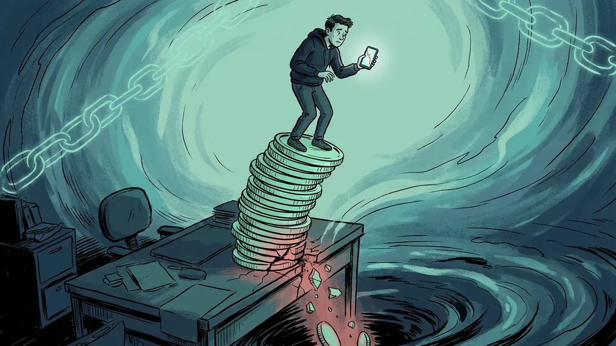 Ilustración de una torre de monedas verdes apoyada sobre una vela de trading que empieza a agrietarse en rojo y a caer hacia un abismo, metáfora de una liquidación por apalancamiento