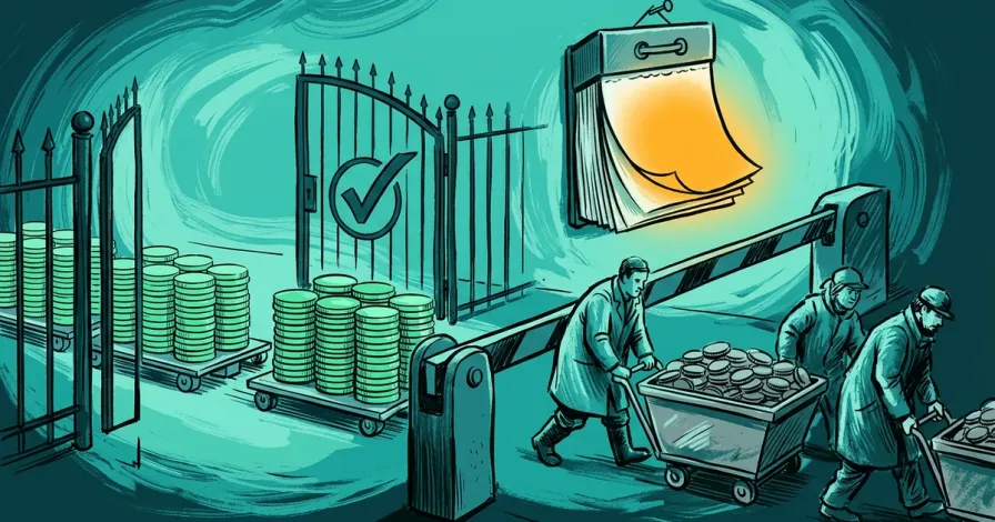 Illustration eines Grenzübergangs für Stablecoins: grüne Münzen passieren ein Tor mit Haken, andere werden vor einer Schranke unter einem Fristkalender weggefahren