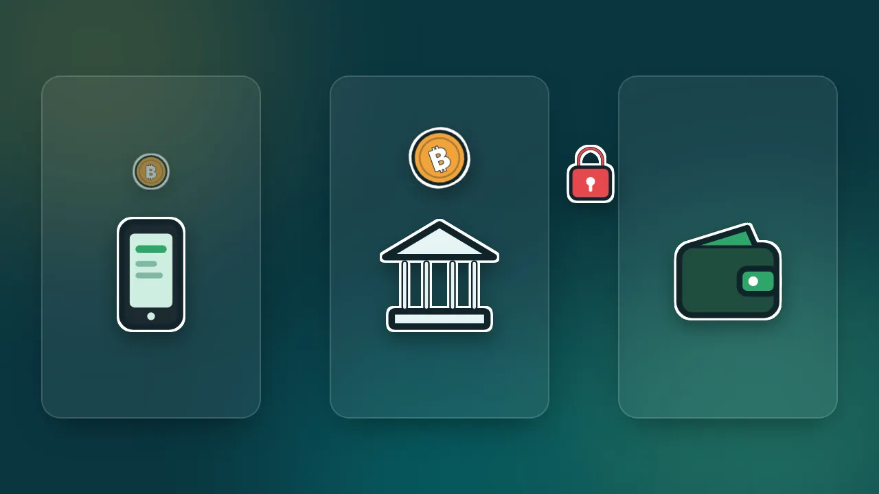 Animación: compras bitcoin en la app del banco, la moneda queda guardada en el banco y el intento de enviarla a una wallet propia se bloquea