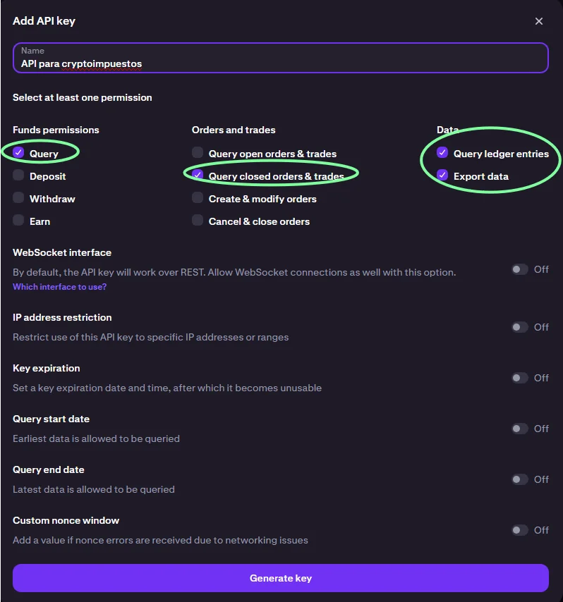 Permisos necesarios para crear API Key en Kraken