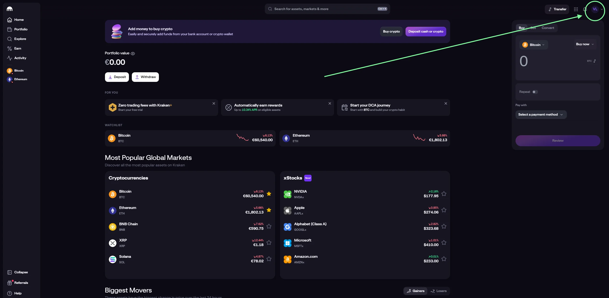 Paso 1: Click en perfil en Kraken